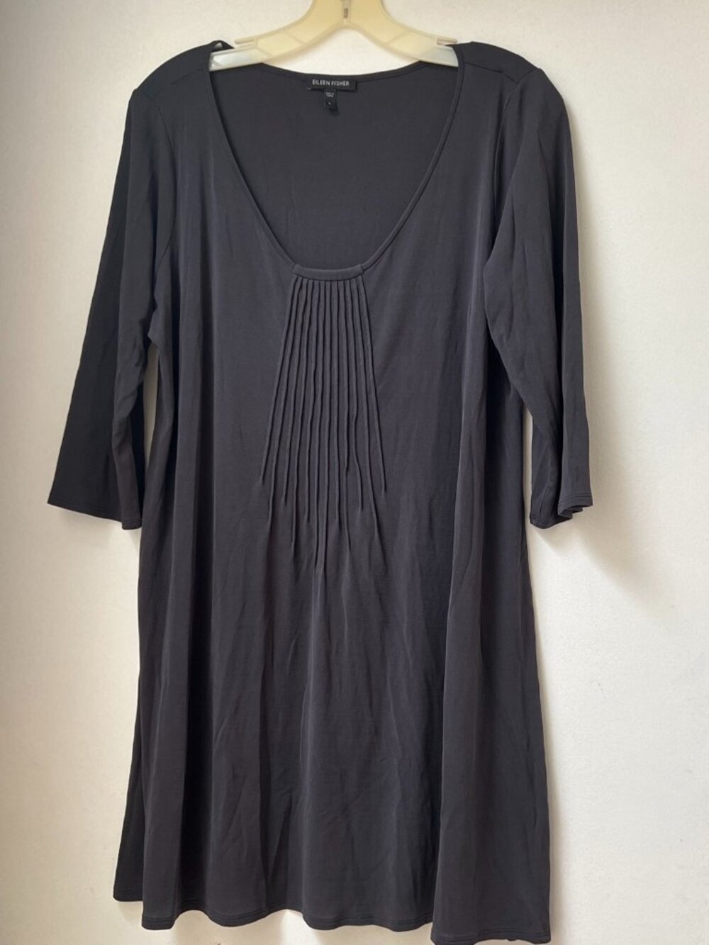 Eileen Fisher Gray Pleated Scoop Neck 100% Silk Tunic Dress Sz L